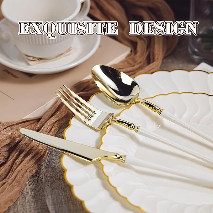 HOMIP 150PCS Ivory Plates with Gold Disposable Silverware - Include 60 Scalloped Plastic Plates, 30 Knives, 30 Forks, 30 Spoons Elegant & Lightweight for Weddings, Birthdays, Parties
