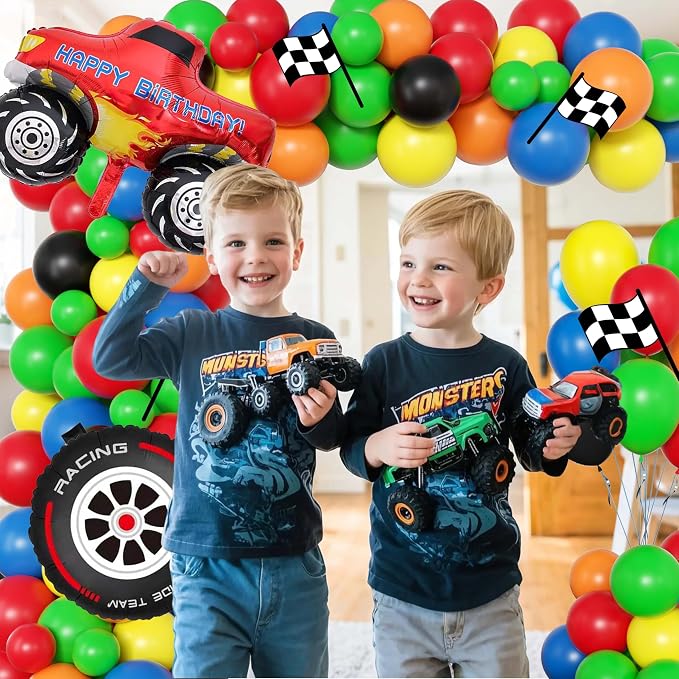 Monster Truck Birthday Decorations for Boys, Extreme Off-Road Racing Party Supplies Include "Happy Birthday" Backdrop, Balloon Arch Garland, Tablecloth, Cake Toppers, Truck and Tire Foil Balloons
