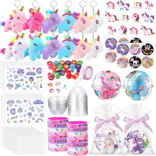 JellyArch 189 Pcs Unicorn Party Favor Bags Mini Unicorns Plush Stuffed Animals Bulk Unicorn Birthday Party Favors Keychain Gift Box Bracelet Sticker Signet Ring Goodie Bag Girly Filler Carnival Prize
