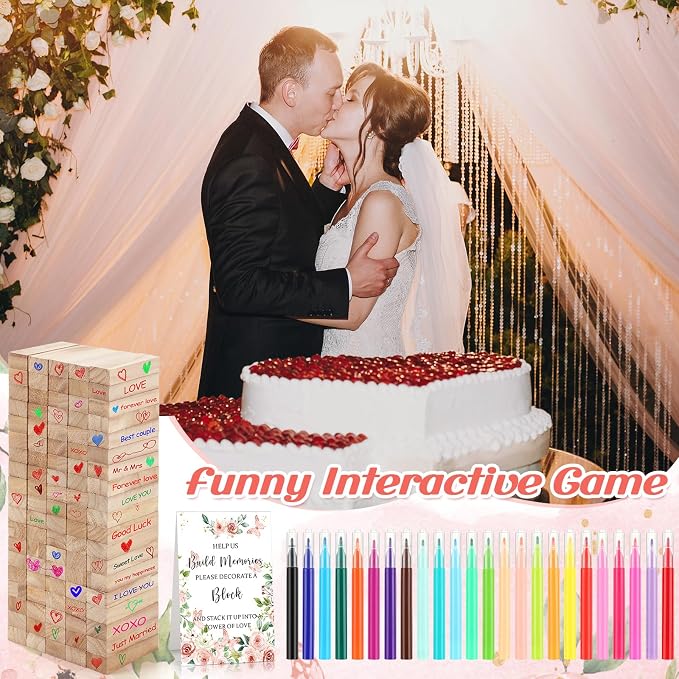Nuanchu 125 Pcs Wedding Guest Book Alternative 100 Wooden Block Guest Book 24 Signing Pens Wedding Game Sign Wedding Decorations for Reception Bridal Shower Guest Book for Sign in (Flower)