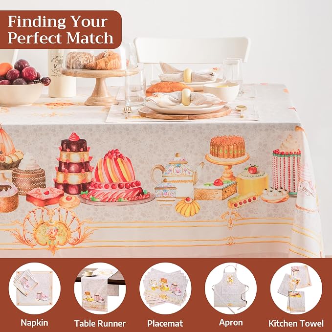 Maison d' Hermine Premium Table Cloth Rectangle Table 100% Combed Cotton 140 x 70 Inches Tablecloth Reusable Decorative for Dining Room, Farmhouse, Home, Party, Festive & Wedding - Pastries