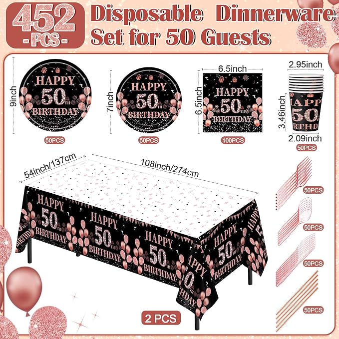 Funnymoom 452 Pcs 50th Birthday Decorations for Women Black and Rose Gold 50th Birthday Paper Plates Cups Napkins Tablecloth Cutlery Straws for Girls Women 50 Year Old Party Supplies for 50 Guests