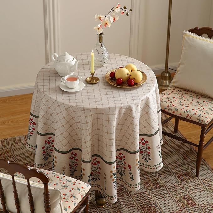 ISAENNE Designer French Round Linen Tablecloth,Diameter 67"-Bertina E | Elegant Vintage Table Cloth,Colorful Floral Pattern,Beautiful,Durable,Heavyweight,Dining Room,Kitchen,Thanksgiving,Decor