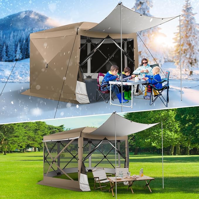 COBIZI 12x12 FT Pop Up Canopy Extendable Tent, Gazebos On Clearance with Removable Roof, Screened in Gazebo with sidewalls, Screen Tents Portable carpas para Patio for Outdoor Camping,Backyard,Khaki