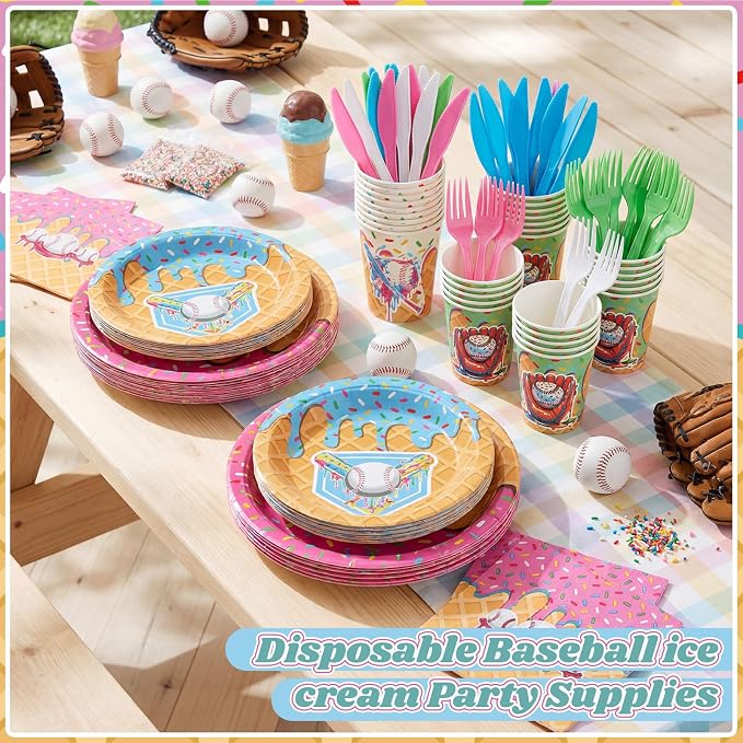 FoldTier 350 Pcs Baseball Ice Cream Dripping Birthday Party Decorations Set Ice Cream Paper Plates Napkins Fork Set Disposable Fairy Tableware Decorations Supplies for Baby Shower Dinner Serves 50