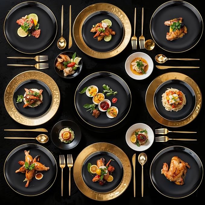 bUCLA 150PCS Black and Gold Plastic Plates - Black Gold Plastic Dinnerware Set Disposable - Include 25 Dinner / 25 Dessert Plates, 25 Knives, 25 Forks, 25 Spoons, 25 Cups, Ideal for Party & Graduation