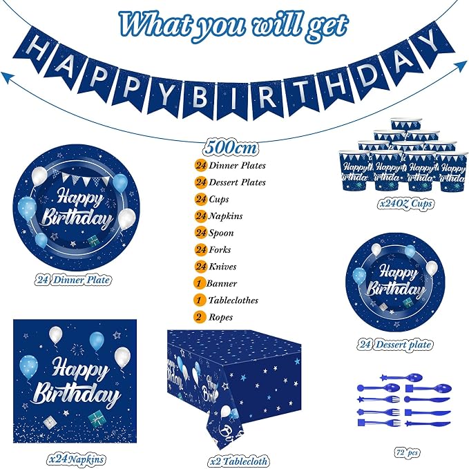 Pajean Blue and Silver Happy Birthday Party Tableware Set Navy Blue Birthday Decoration for Men Banner and Tablecloths Plates Cups Napkins Dinnerware for 24 Guests Party Supplies