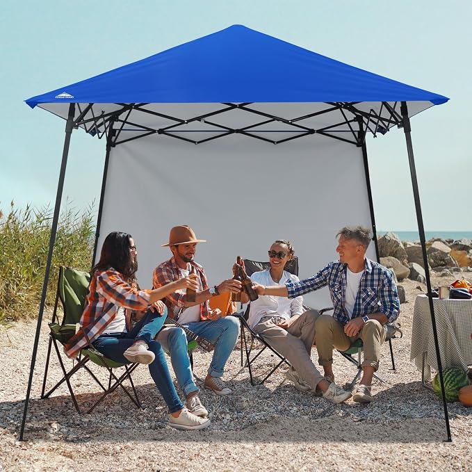 EAGLE PEAK 8x8 Pop Up Canopy Tent with Extended Eaves & Sidewall, Compact, Portable, Easy Setup Slant Leg Instant Shelter for Beach, Sports, & Camping, 8x8 Base 7x7 Top, Blue