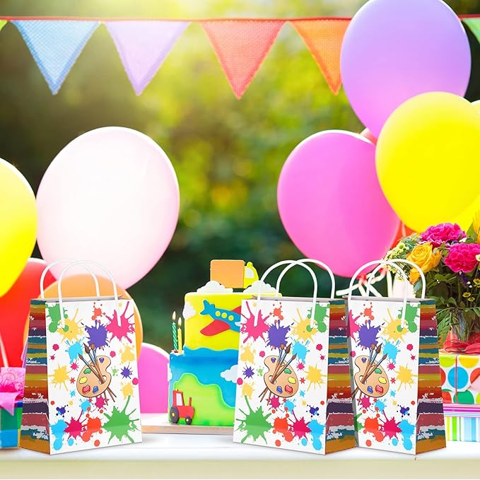 Pajean 36 Pieces Paint Splatter Party Bags with Handle Art Painting Candy Treat Goodie Gift Tote Bags Party Goodies Pouches for Birthday Baby Shower Decorations Gift Wrapping Supplies (Bright Style)