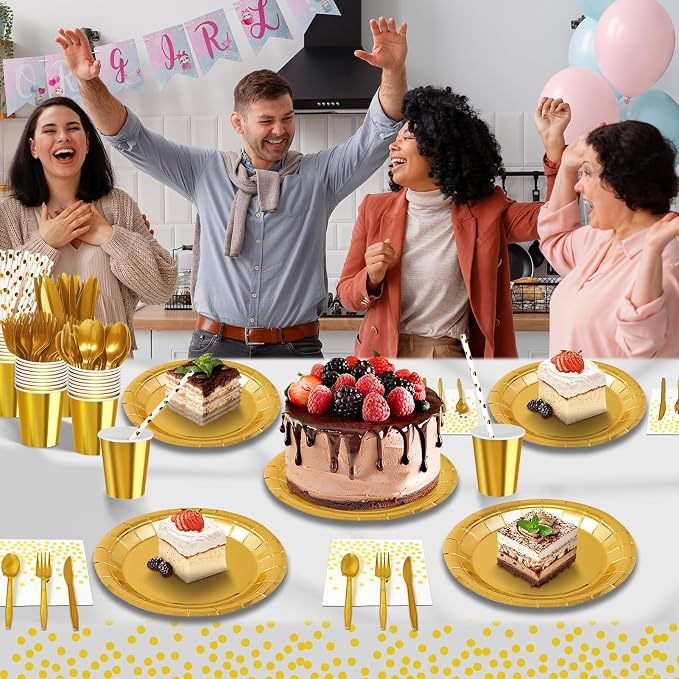 Nkaiso 193 Pcs Golden Paper Plates and Napkins Party Supplies Sets Include Gold Party Plate Cup Napkin Plastic Cutlery for Baby Shower, Wedding, Birthday Decoration -24 Guest