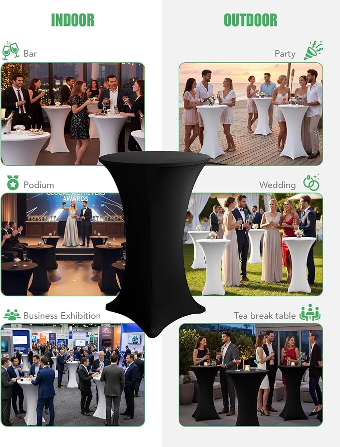 KeyWave Cocktail High Top Table Covers - 32x43 Inch Fitted Spandex Round Cocktail Tablecloth for Bar Height Standing Table Cloths Reusable, for Party Wedding Banquet Event Decorations, Black, 8 Pack