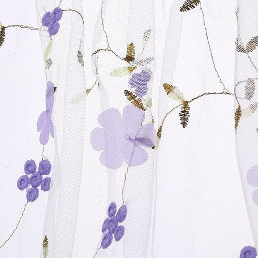MECCANIXITY 1 Yard Tulle Fabric 35"x51" 3D Flower Embroidery Mesh Lace Fabric for DIY Handmade Clothing Wedding Dress Skirt Home Curtain Decoration, White Purple