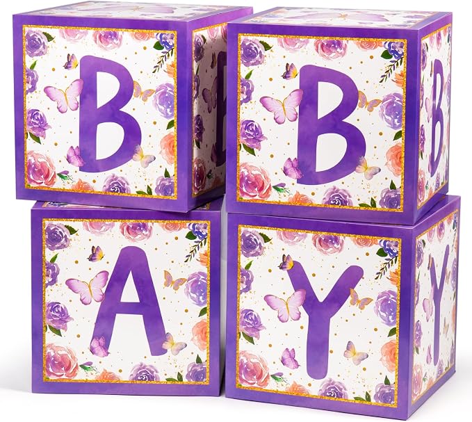 Voircoloria Baby Boxes with Letters and Butterfly Balloons for Gender Reveal Decoration (Purple)