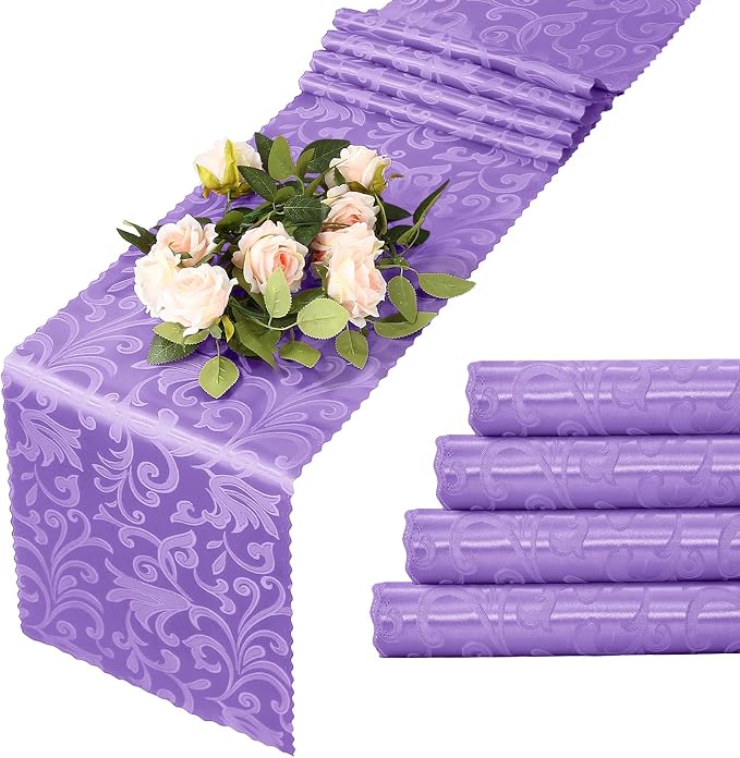 MILVOWOC 4 Pack Lilac Satin Table Runner, 12 x 72 Inch Jacquard Damask Table Runner Rectangle Bright Silky Decorative Table Runner for Party Banquet Birthday Dinner Wedding Table Decor