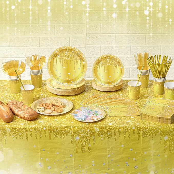 Funnymoom 452 Pcs Gold Birthday Party Decorations Include Golden Diamond Paper Plates and Napkins Cups Tablecloth Cutlery Straws Glitter Disposable Tableware for Birthday Anniversary Wedding