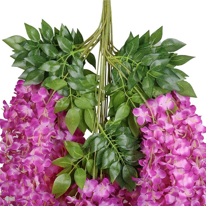 Pauwer 24 Pack Artificial Wisteria Vine Ratta Fake Wisteria Hanging Flower Garland Silk Long Hanging Wisteria Flowers String Home Party Wedding Decor, Fuchsia