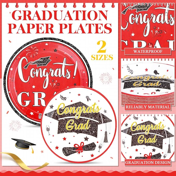 Domensi 400 Pcs 2026 Graduation Decorations Plates and Napkins and Cups Set Serve 50, Red and White Graduation Party Supplies, Class of 2026 Paper Tableware 9oz Cup Knife Fork Spoon Congrats Grad
