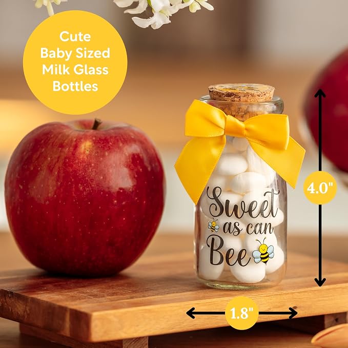 Ethisa Vintage 12 Pack Bee Party Favor Glass Bottles with Ribbons and Stickers - Classy Baby Shower and Birthday Souvenir for Guests and Table Centerpiece Decoration - Sweet as Can Bee Honey Candy Jar