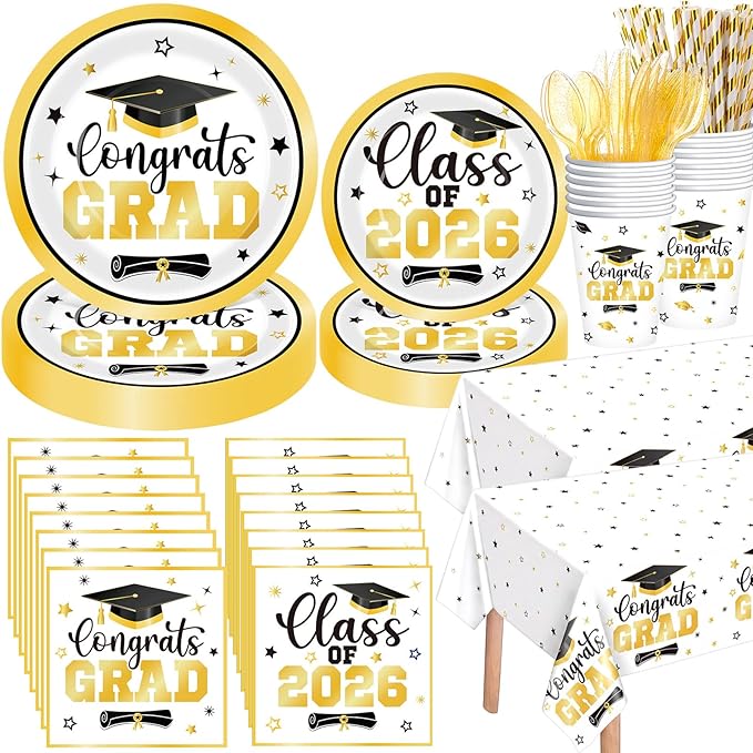 Funnymoom 452 Pcs Class of 2026 Gold Graduation Party Supplies for 50, White Gold Graduation Paper Plates Napkins Cups Tablecloth Cutlery Straws for College High School Congrats Grad Party Decoration