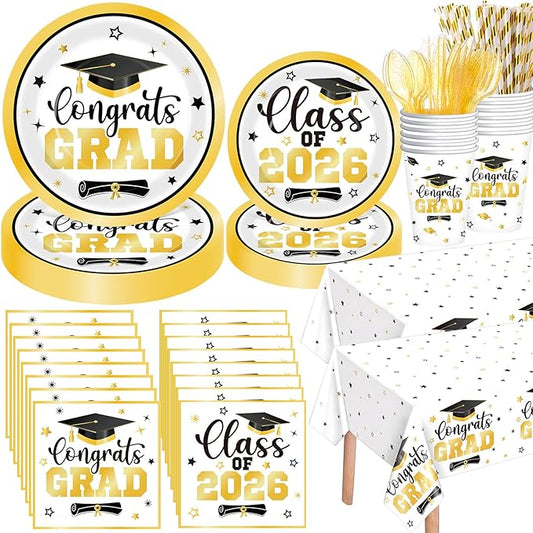 Funnymoom 452 Pcs Class of 2026 Gold Graduation Party Supplies for 50, White Gold Graduation Paper Plates Napkins Cups Tablecloth Cutlery Straws for College High School Congrats Grad Party Decoration