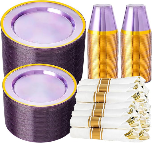 N9R 350PCS Purple Plastic Dinnerware Set for 50 Guests, Gold Disposable Plates for Party, Include: 100 Plastic Plates, 50 Pre Rolled Napkins with Silverware and 50 Cups