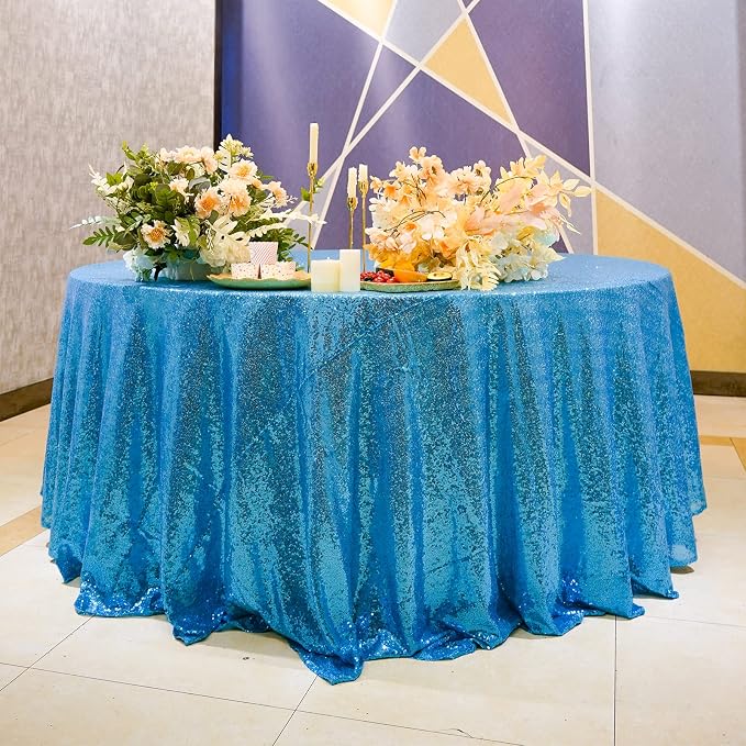 Baby Blue Sequin Tablecloth 120" Round Sequin Tablecloth Shimmer Table Cloth Sparkly Drape Table Cover Decorations for Engagement Weddings Party Baby Bridal Shower Decorations