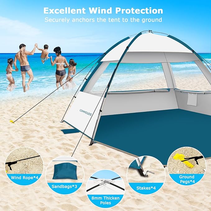 COMMOUDS Beach Tent Sun Shelter for 3/4/6/8 Person, UPF 50+ UV Protection Beach Shade Canopy Tent, Lightweight, Easy Set Up and Carry