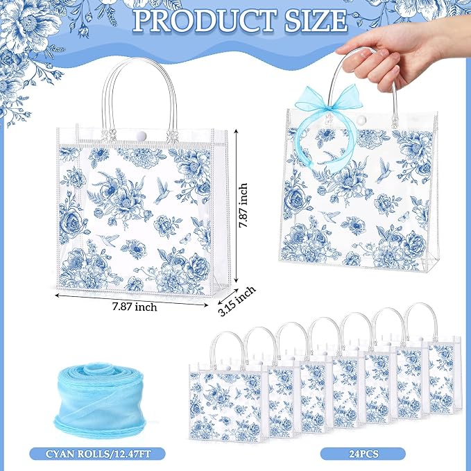 Hosuly 24 Pcs Blue Floral PVC Gift Bags with Bow Ribbon Clear Vintage Chinoiserie Flower Bags Blue Wildflower Goodie Handbags for Wedding Bridal Shower Birthday Party Supplies, 7.9 x 7.9 x 3.1 Inch