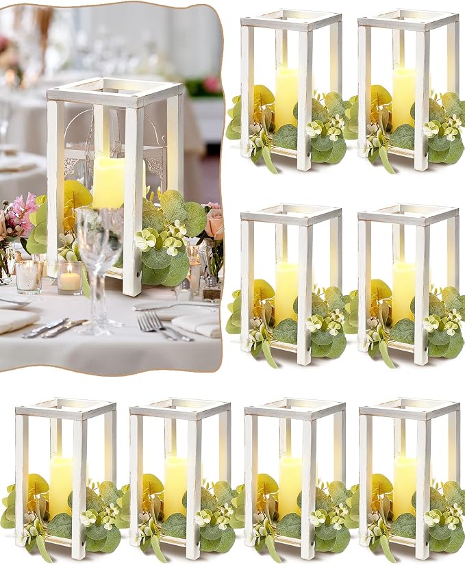 Huquary 16 Pcs Wooden Wedding Lantern Centerpiece Includes 8 Rustic Wooden Lantern Centerpiece and 8 Flameless Candle Holder for Farmhouse Rustic Table Decorations Party Gift(White)