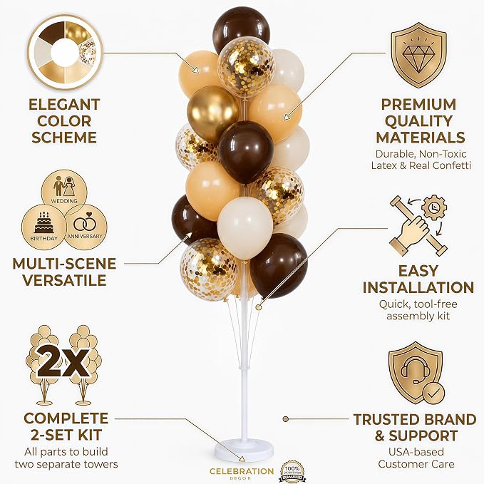 Hiins Balloon Column Kit Set of 2 With Balloons Included - with Base,Pole,Balloon Tower Backdrop Decoration for Wedding, Baby Shower,Birthday Party,Bachelorette Parties (3xCoffee Brown Gold)
