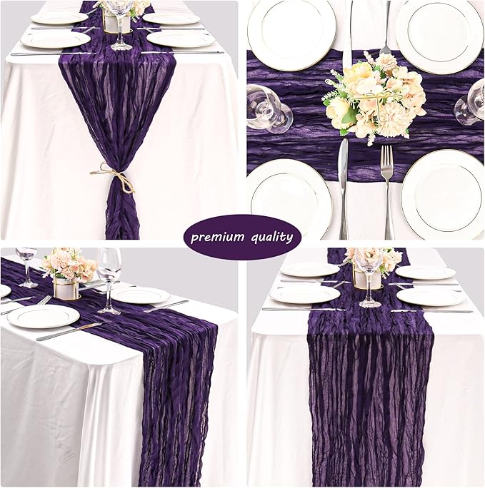12 Pack 10Ft Cheesecloth Table Runner 35x120 Inch Boho Gauze Table Runner Rustic Cheese Cloth Long Romantic Table Runners for Wedding Bridal Shower Birthday Party Table Decor (Dark Purple)