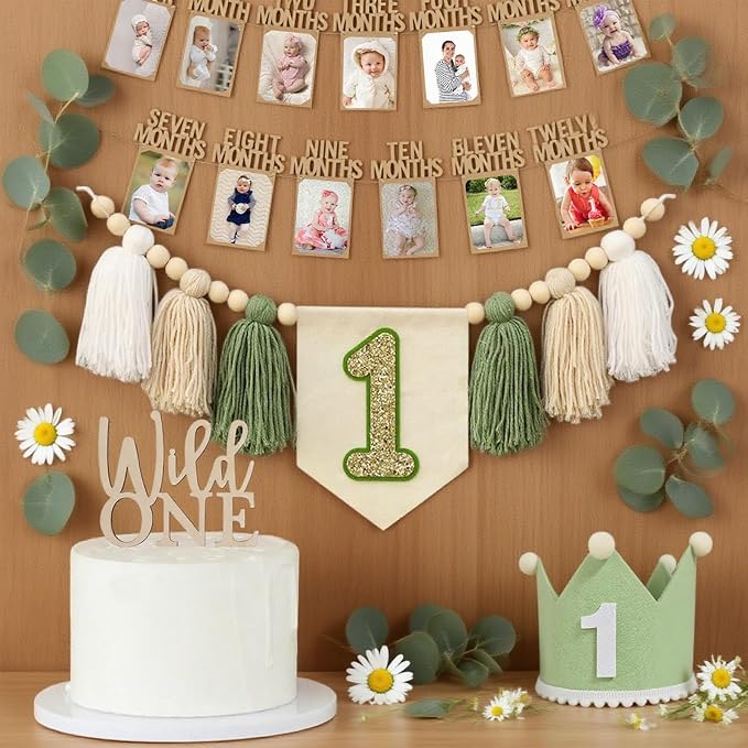 1st Birthday Highchair Banner Decorations Wild One High Chair Banner With Green Tassel Garland Crown Hat Wild One Cake Topper Baby Photo Banner Photoshoot Props Photo Props(Green)