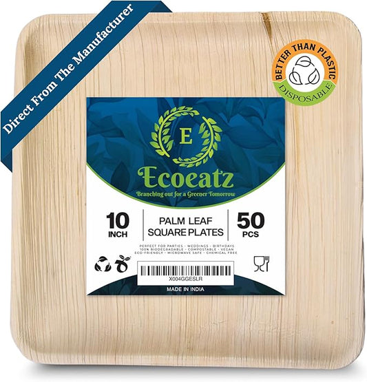 Palm Leaf Plates 10 Inch – 50 Pack Eco-Friendly Disposable Dinnerware, Heavy Duty Compostable Bamboo Wooden Plates for Weddings, Parties, Catering & Events
