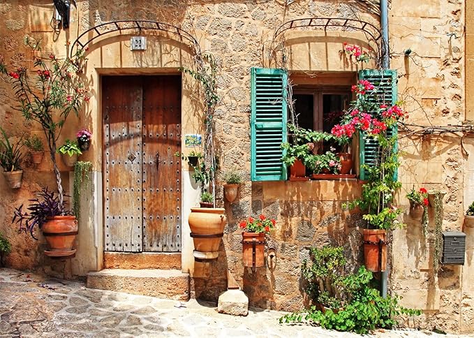5x3ft Fabric Italy Street Backdrop Tuscany Medieval Town Street Stone Wall Window Photography Background for Italian Theme Party Decorations Wedding Birthday Photo Booth Props