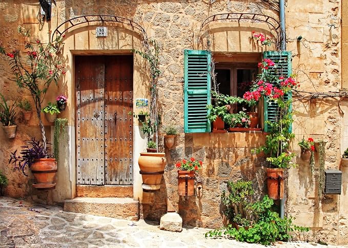 10x6.5ft Fabric Italy Street Backdrop Tuscany Medieval Town Street Stone Wall Window Photography Background for Italian Theme Party Decorations Wedding Birthday Photo Booth Props