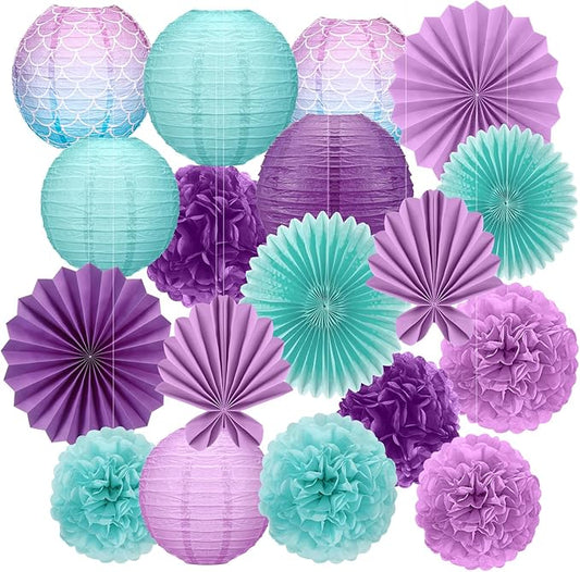 Soulchen 18 Pcs Mermaid Party Decor Purple and Green Paper Lanterns Set Ceiling Hanging Decorations Tissue Pom Poms Fans Decor for Mermaid Under the Sea Ocean Birthday Party Classroom Supplies