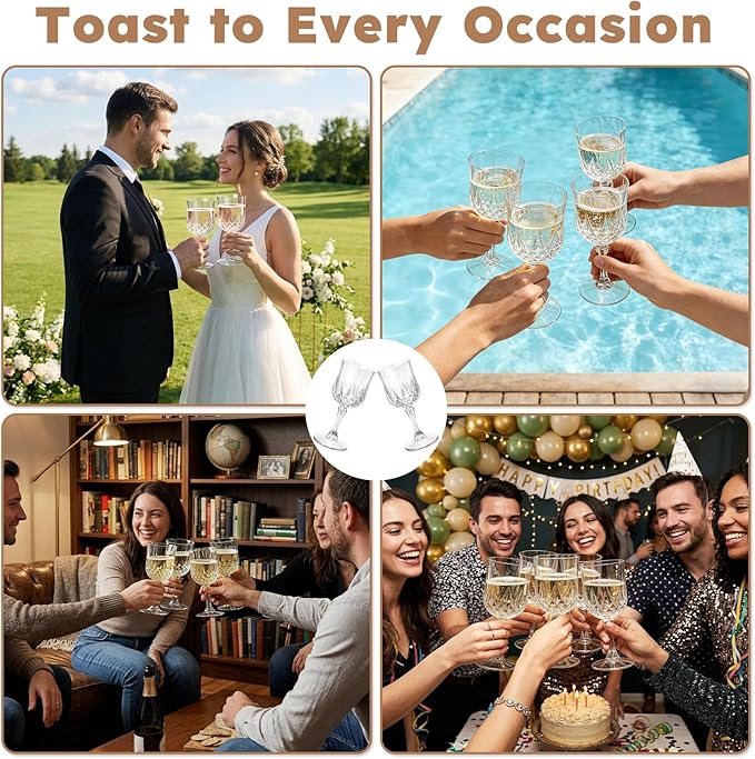 Plastic Wine Glasses, Disposable Plastic Goblets 7.1oz for Wedding Party Holiday, Unbreakable Wine Cups with Stem Vintage for Champagne Juice Cocktail (48pcs Transparent)