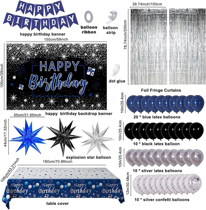 Blue and Black Birthday Decorations for Men Women, Happy Birthday Decorations for Boys Girls Silver Blue Party Decorations Backdrop Tablecloth Confetti Balloons Arch Kit Fringe Curtains Table Cover