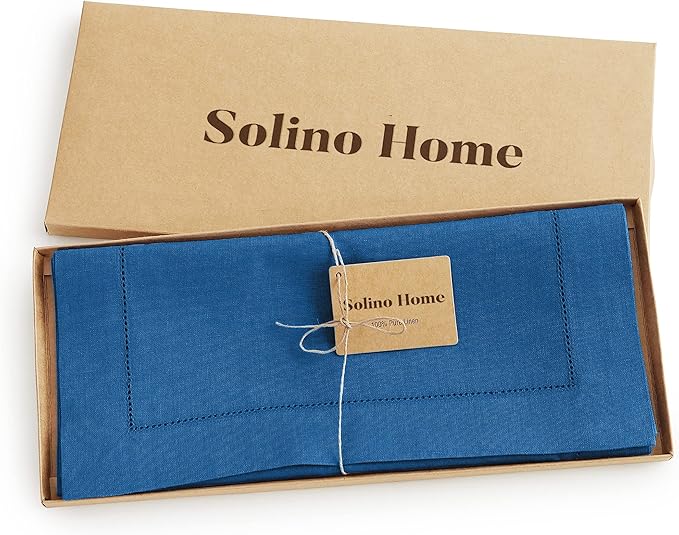 Solino Home Linen Table Runner 108 Inches Long - 100% Pure Linen Indigo Blue Table Runner 14 x 108 Inch for Spring, Summer, Mothers Day - Classic Hemstitch