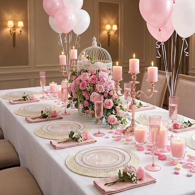 102PCS Rose Gold Plastic Plates - Clear Rose Gold Disposable Plates - Elegant Hammered Plate Include 51PCS 7.5inch Dessert & 51PCS 10.25inch Dinner Plate for Wedding Party Mother’s Day