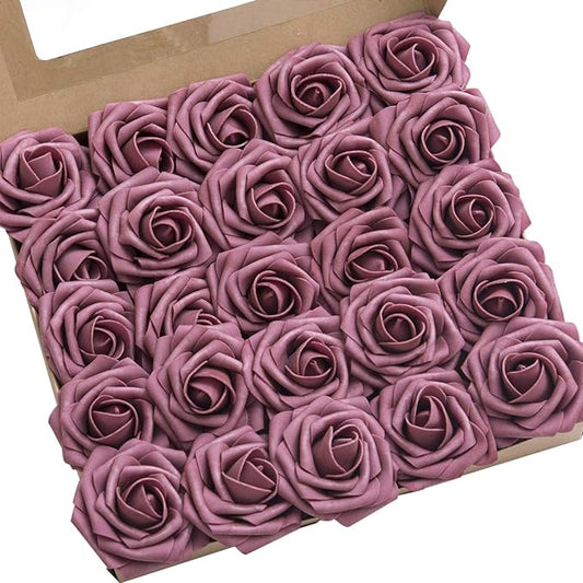 Ling's moment Artificial Flowers 50Pcs Mauve Roses Decor w/Stems,3" DIY Foam Floral for Wedding Bouquet/Centerpieces, Outdoors Party Backdrop, Room/Table, and Garden/Pot Decorations