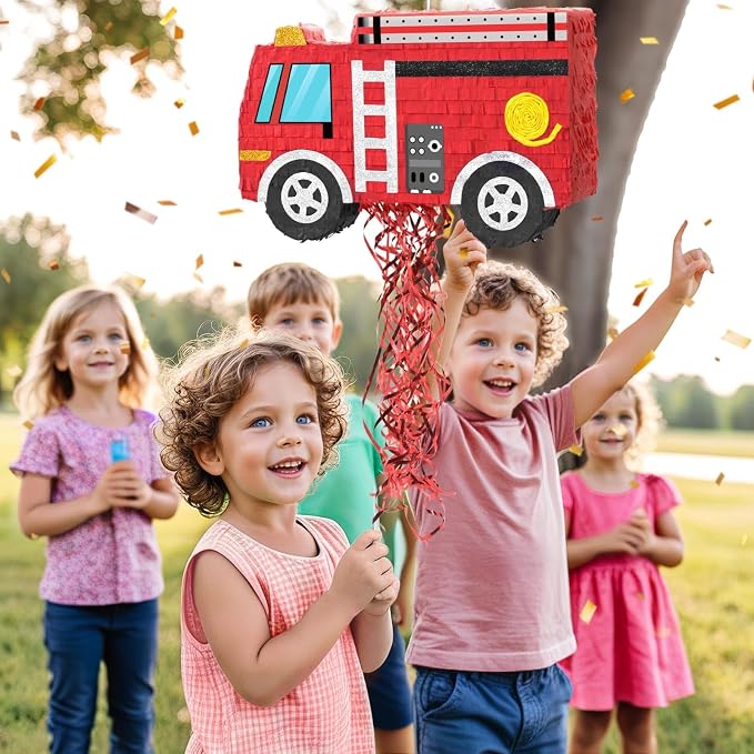 WERNNSAI Fire Truck Piñata - Firetruck Birthday Decorations Piñata for Boys Kids Firefighter Truck Theme Birthday Party Game Decorations Bundle with Blindfold and Bat