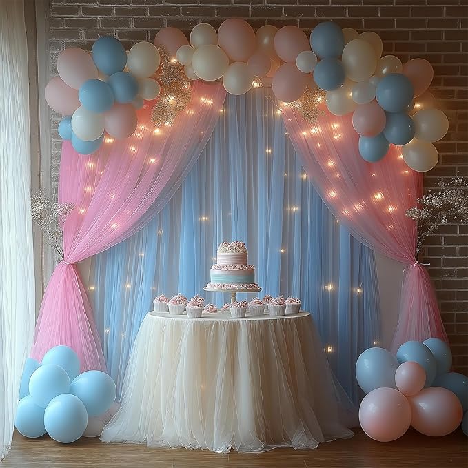 Pink and Blue Tulle Backdrop Curtain with Lights String - 10x10ft Sheer Wedding Backdrop for Baby Shower, Birthday Party, Photo Shoot Decorations - 2 Panels (5ft x 10ft Each)