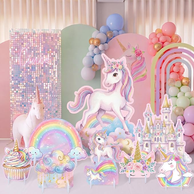 9 Pcs Unicorn Party Decorations Set, Large Rainbow Unicorn Centerpiece with Castle & Clouds, Extra Big Table Decor for Birthday, Pastel, Party Supplies