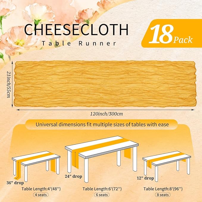 18 Pack Cheesecloth Table Runner 10FT Gold Table Runner Boho Gauze Cheese Cloth Table Runners Long Rustic Sheer Table Decorations for Wedding Party Baby Bridal Shower Birthday Holiday Home