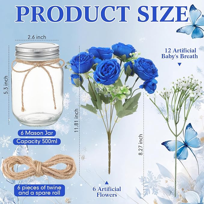 Zeyune 6 Sets Mason Jar Centerpiece Table Decorations, Artificial Peony Baby's Breath Flower Bouquets, Faux Flowers with Vase, Rustic Decor Gifts for Home, Wedding, Holiday (Royal Blue)