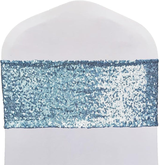 High Elastic Sequin Chair Sashes Bling Bling Chair Sashes Soft Strecth Sequin Material Shining Sequin Chair Bows for Party Decoration Home (Light Blue, 12PCS)