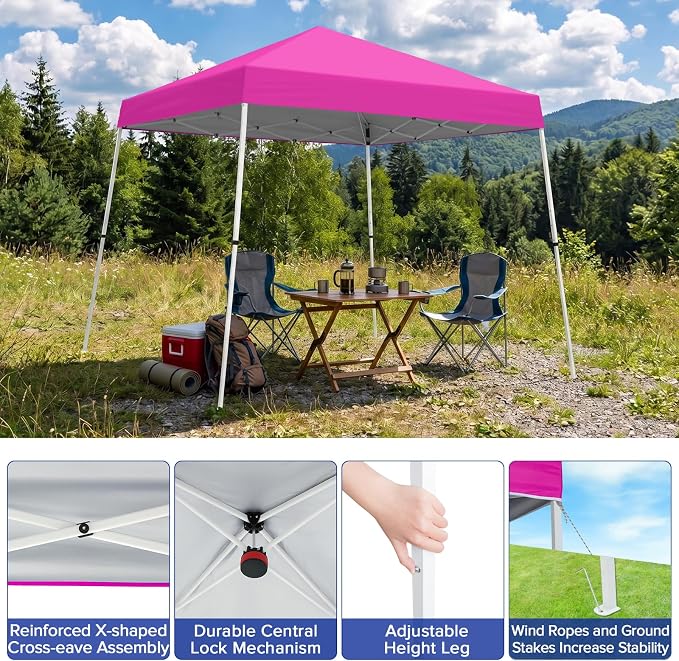 10x10 Pop Up Canopy Tent with Carry Bag, Slant Leg Instant Shade Shelter for Outdoor Events, Camping, Sports, Parties, Pink