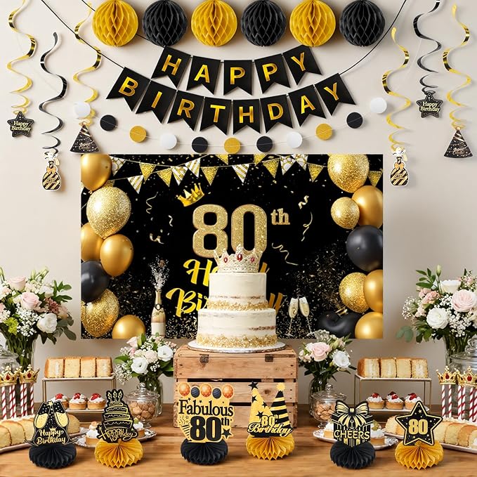 Happy 80th Birthday Party Decoration: Including Birthday Banner Backdrop, Party Table Centerpieces and Hanging Swirl Party Streamers, Birthday Decor for Men and Women (Gold/Black, 80th Birthday)