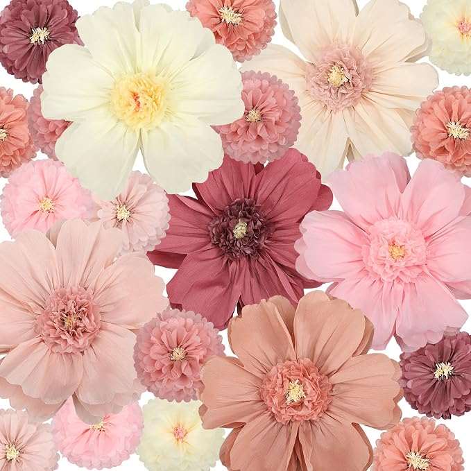Crowye 12 Pcs Large Colorful Tissue Paper Flowers Decorations Giant Fiesta Craft Crepe Paper Flowers for Wall Decor Backdrop Mexican Wedding Birthday Carnival Party (20'' 31.5'',Vintage Color)